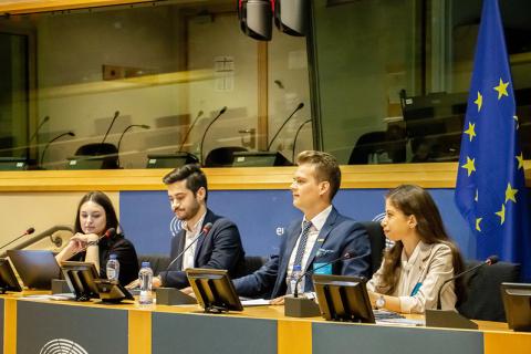 Young people sitting next to the EU flag