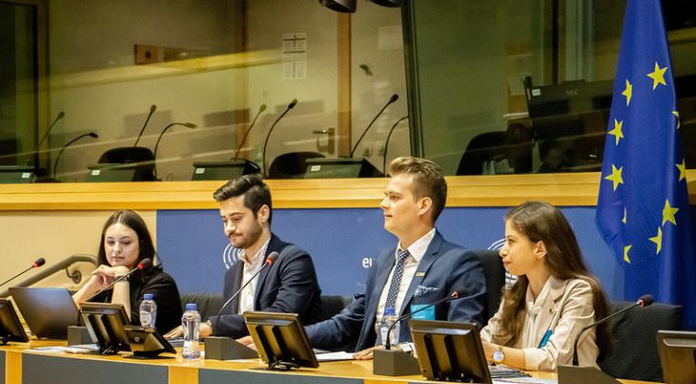 Young people sitting next to the EU flag